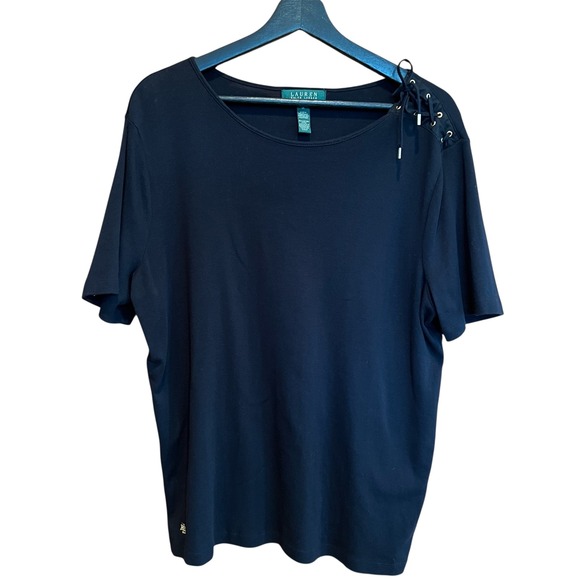Lauren Ralph Lauren Black Lace Up Shoulder Short Sleeve Cotton Top 1X - Picture 1 of 9